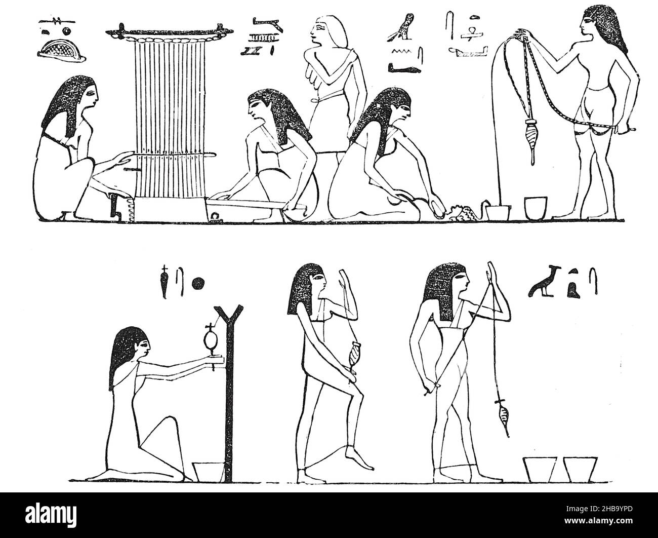 Illustration of ancient spinning and weaving from Wilkinson's 'Ancient