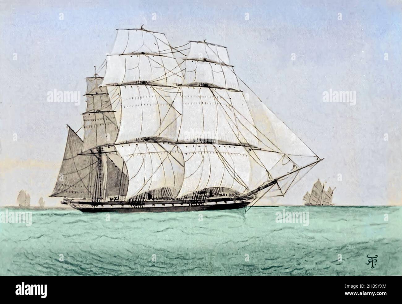 Coloured illustration of a China tea clipper from the book 'Pen and Pencil Sketches of Shipping and Craft All Round the World' by Robert Taylor Pritchett. Published in London, Great, Britain, in 1899. Stock Photo