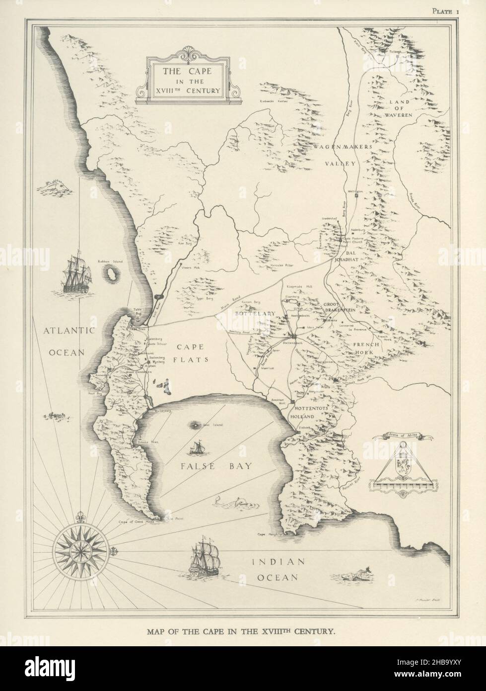 Map of the Cape in the XVIIth century from the book 'Eighteenth Century Architecture in South Africa' by Geoffrey Eastcott Pearse. Pearse was among the first to bring Cape architecture to a wide audience in a scholarly way. Eighteenth Century Architecture in South Africa was the result of many years of research on the topic and remains an important reference work for the subject. Published in 1933. Stock Photo