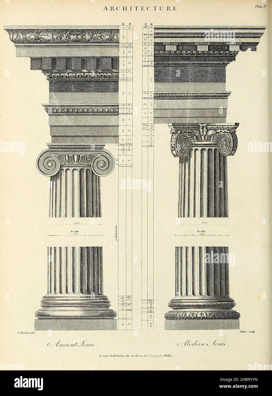 Illustration of ancient and modern Ionic orders. Copperplate engraving from the 'Encyclopaedia Londinensis, or, Universal Dictionary of Arts, Sciences and Literature; Volume II. Edited by John Wilkes. Published in London, Great, Britain, in 1810. Stock Photo