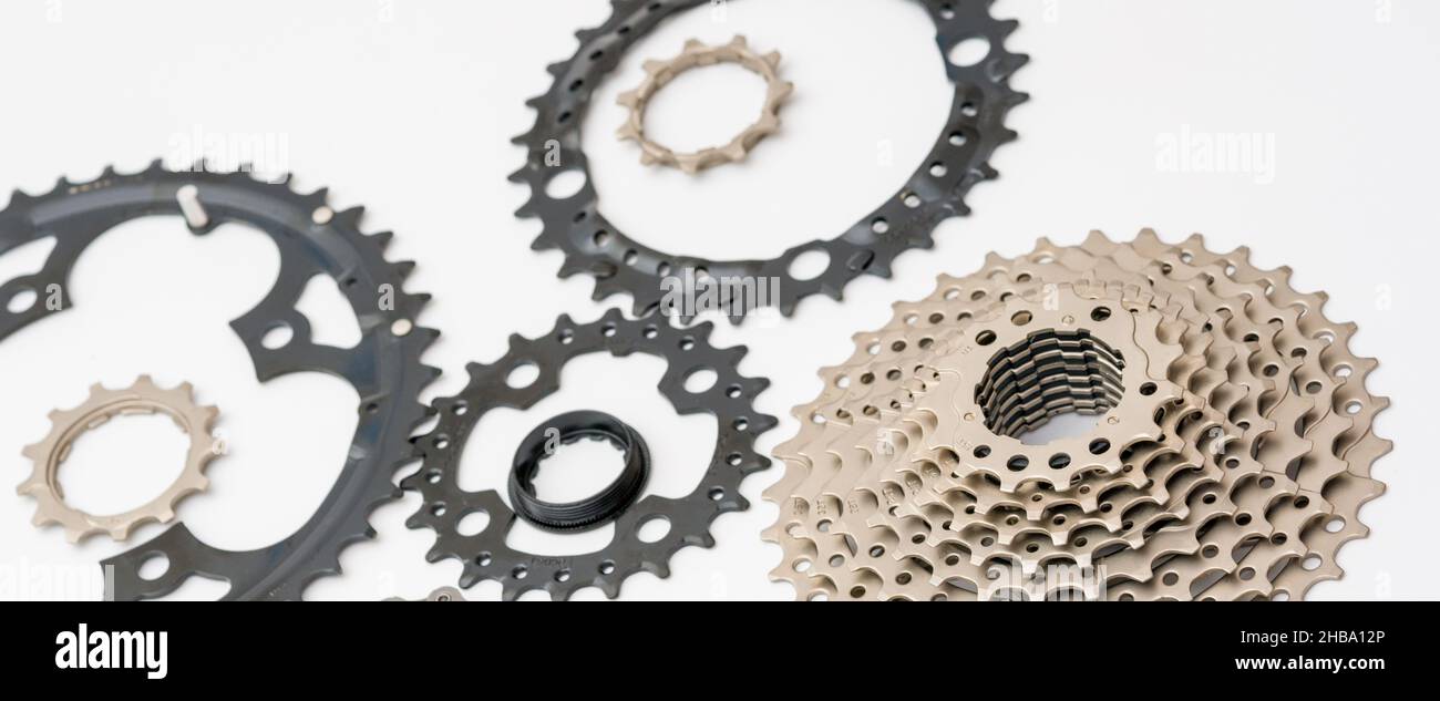 Gears, sprockets and chain of a mountain sports bike on a white