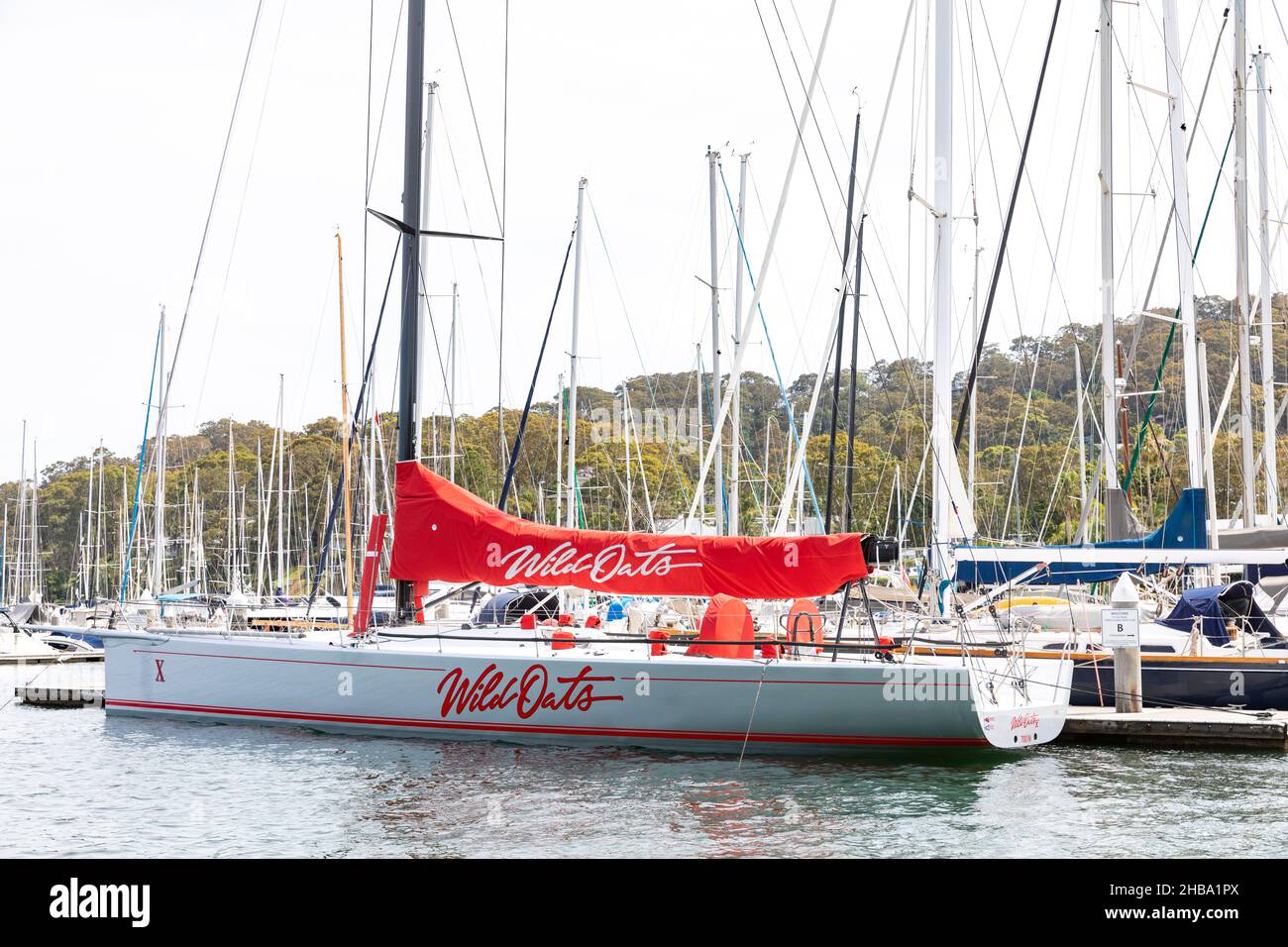 Wild Oats X racing sailing yacht berthed at the Royal Prince Alfred Yacht Club in Bayview Pittwater,Sydney,Australia Stock Photo