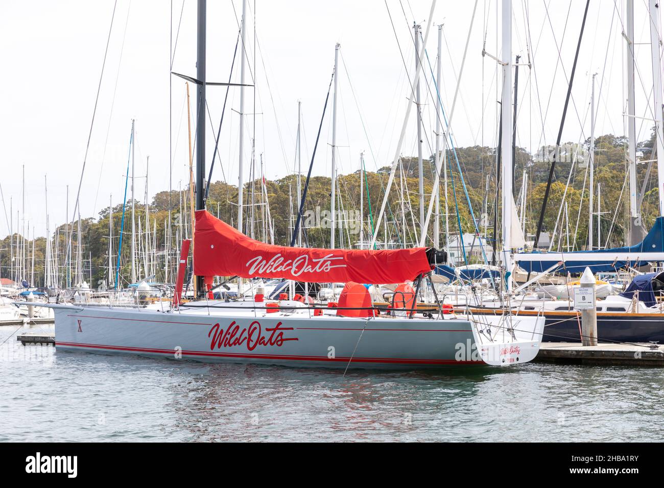 Wild Oats X racing sailing yacht berthed at the Royal Prince Alfred Yacht Club in Bayview Pittwater,Sydney,Australia Stock Photo
