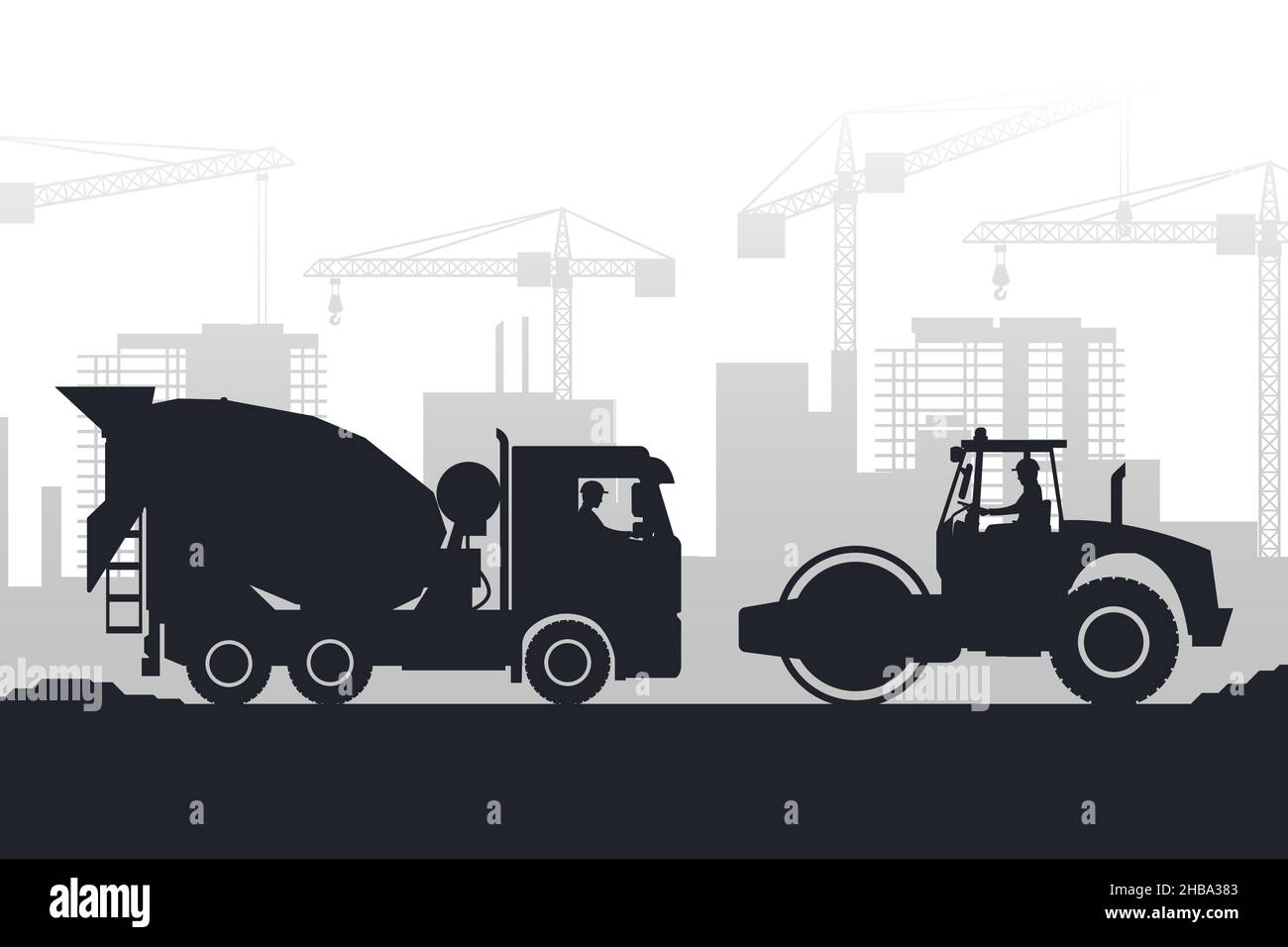 heavy machinery silhouette background with concrete mixer truck and soil compactor in a city under construction Stock Vector