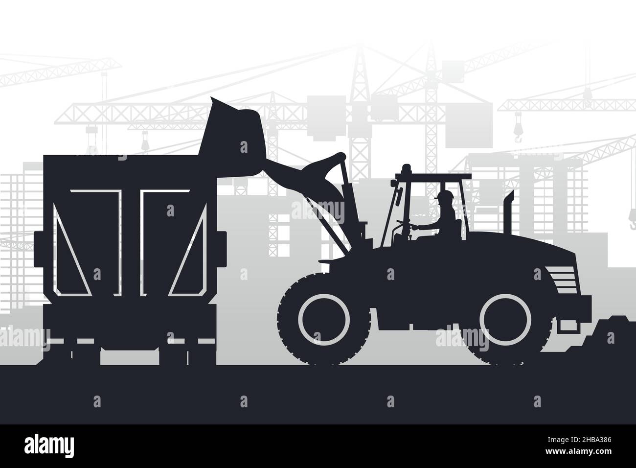 Silhouettes of heavy machinery with the operator driving a front loader
