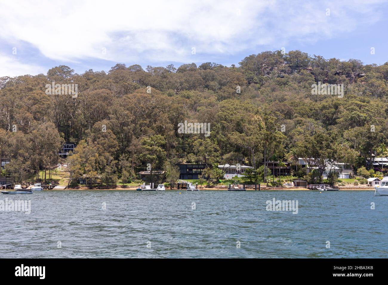 Morning Bay on Pittwater a small community north of Sydney with waterfront homes and houses,Ku ring Gai chase national park,Australia Stock Photo