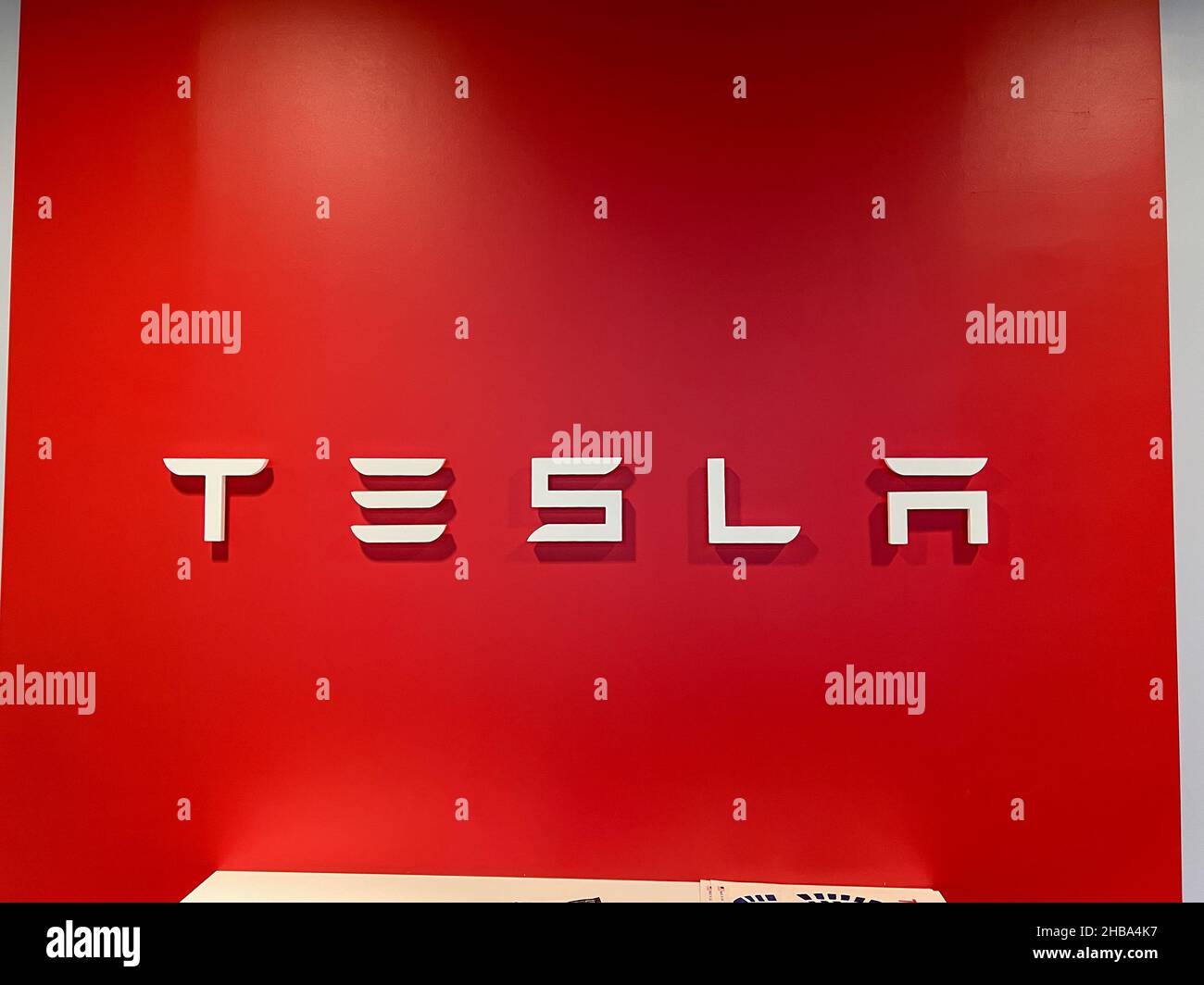 Orlando, FL USA November 5, 2021 The Tesla Sign at the entrance of