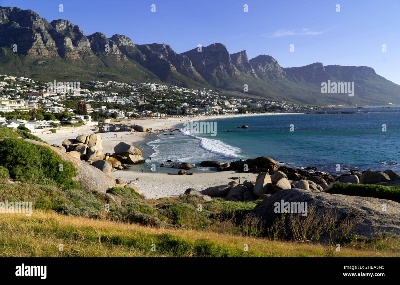 Idyllic Camps Bay beach and Table Mountain in Cape Town, South Africa Stock Photo