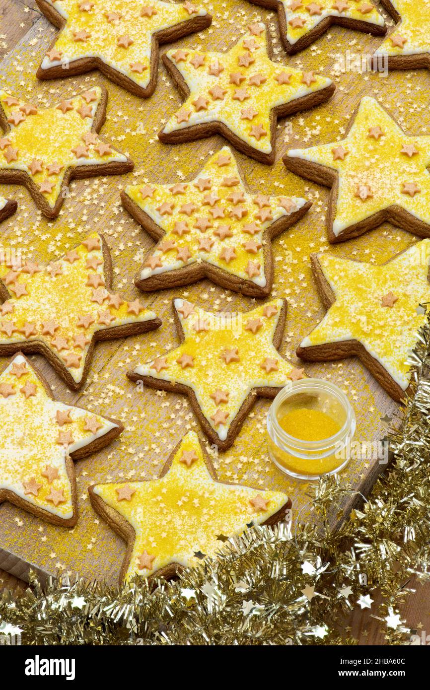 Homemade Christmas Gold Star Ginger Biscuits Stock Photo