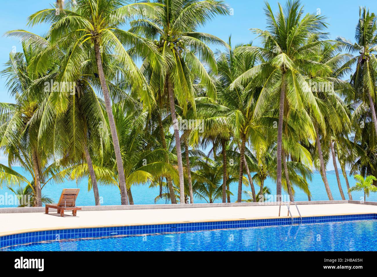 Swimming pool blue water, sea beach poolside, tropical island nature, green palm trees, ocean coast landscape, sunny sky, clouds, summer holidays Stock Photo