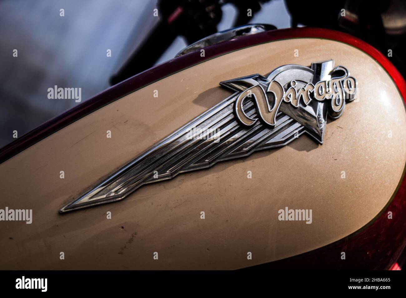 Limassol, Cyprus - December 17, 2021 Closeup of the mechanics of a Yamaha Virago motorcycle parked in a parking lot located in the city center of Lima Stock Photo