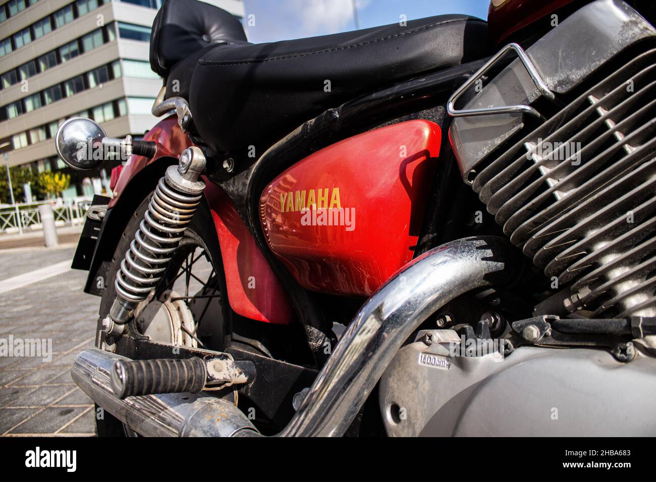 Limassol, Cyprus - December 17, 2021 Closeup of the mechanics of a Yamaha Virago motorcycle parked in a parking lot located in the city center of Lima Stock Photo