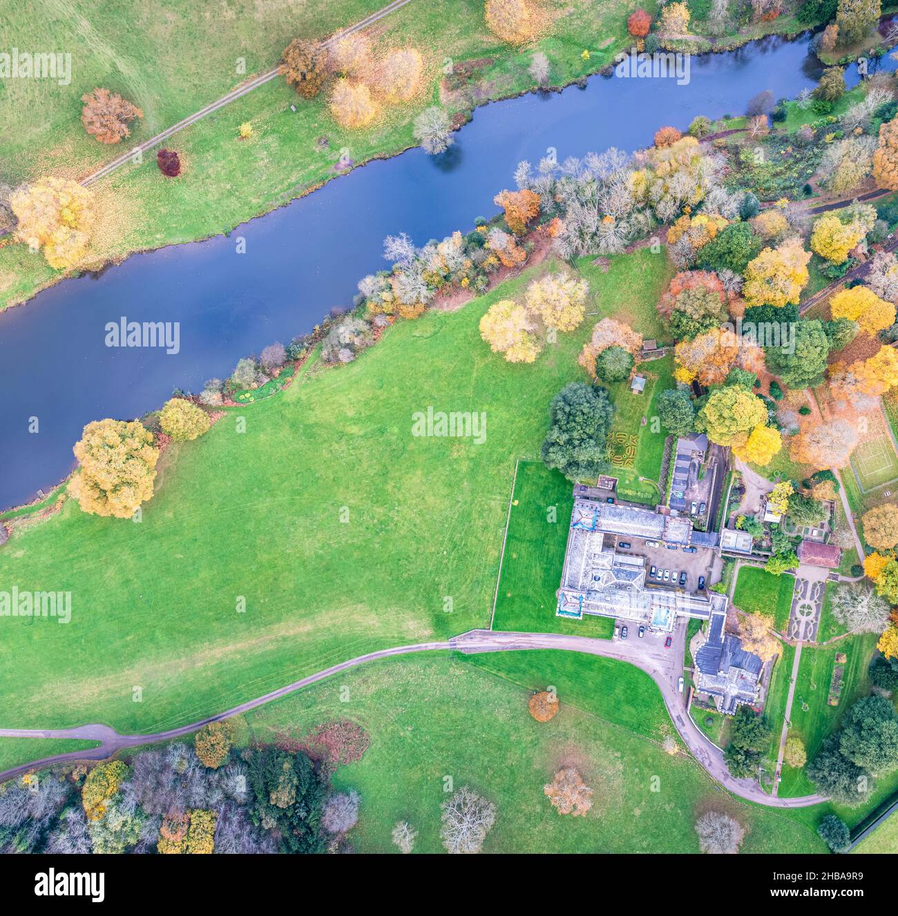 Top down panorama over Ugbrooke House and Gardens from a drone in the