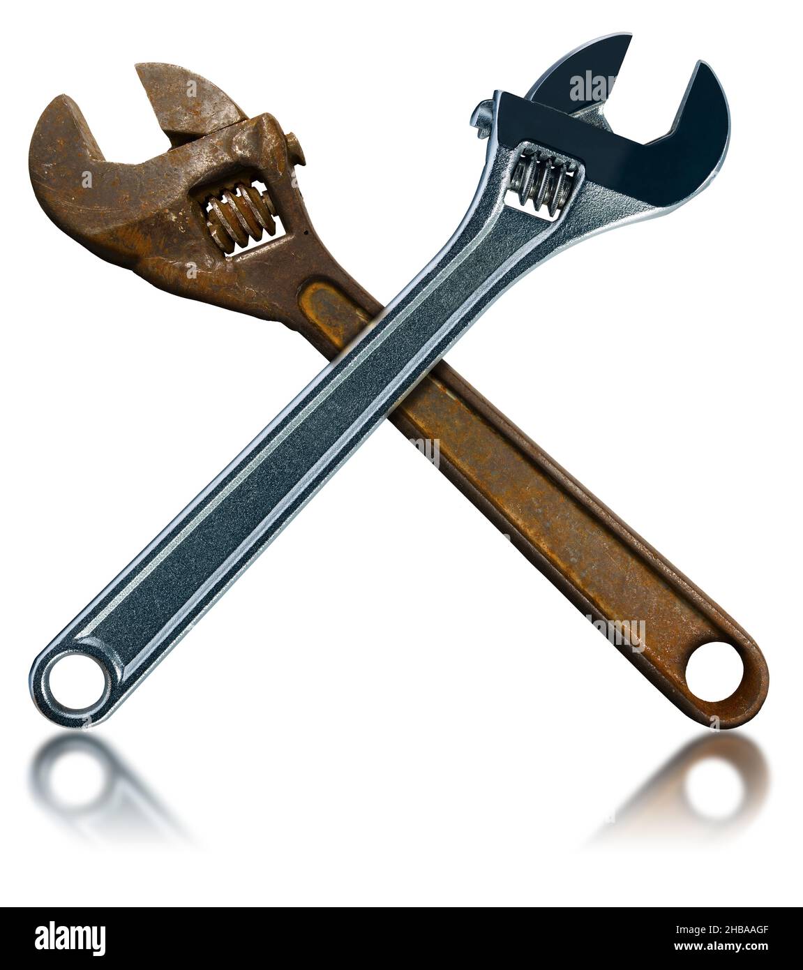 Closeup of two adjustable wrenches isolated on white background with