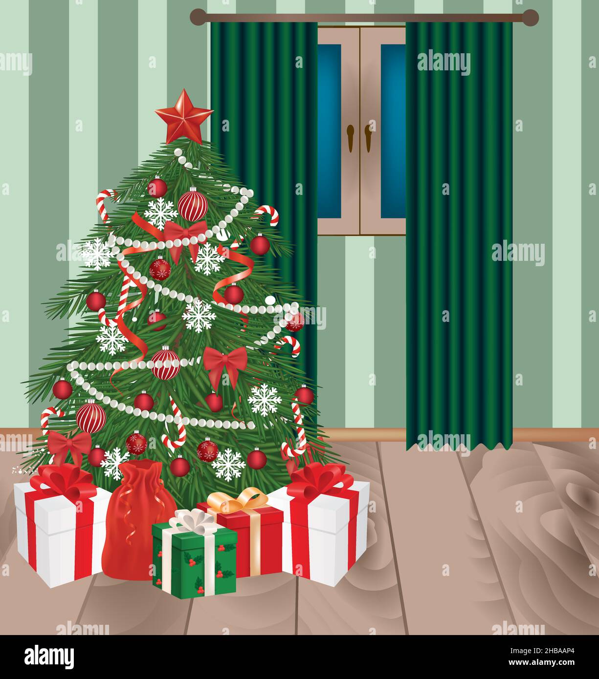 Christmas tree decorated with gift box, vector Stock Vector