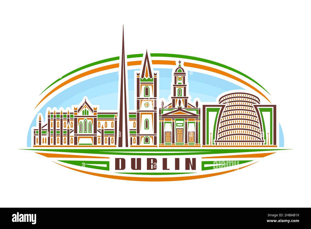 Vector illustration of Dublin, horizontal logo with linear design orange dublin city scape on day sky background, famous urban line art concept with d Stock Vector