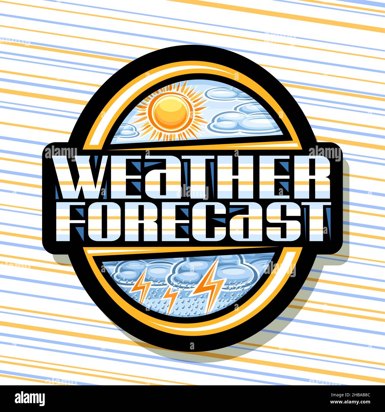 Vector logo for Weather Forecast, black badge with variety illustrations of spring clouds and cartoon fall shower, isolated tag with unique lettering Stock Vector