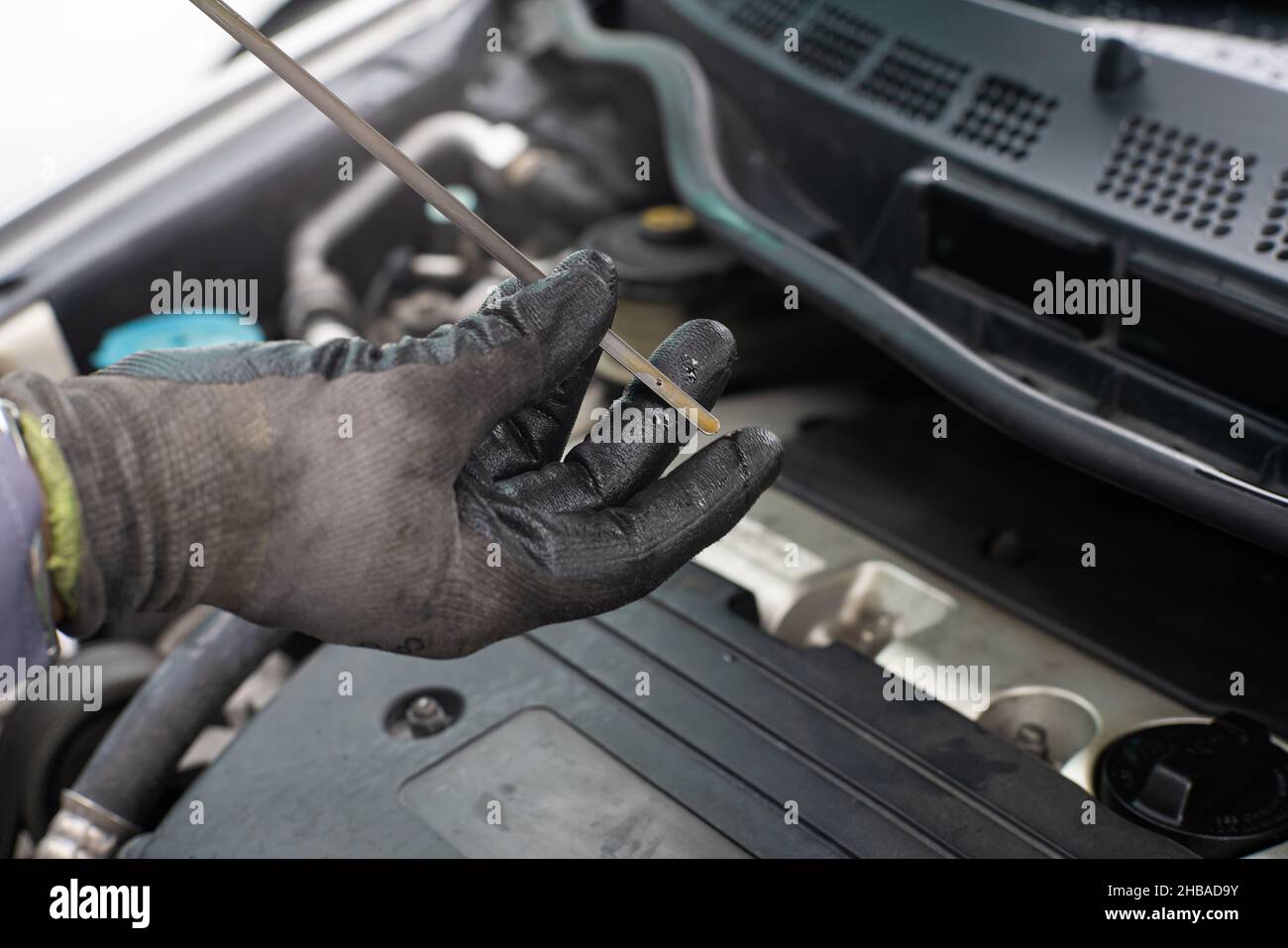Mechanic man checking engine oil refill car maintenance close up engine Stock Photo Alamy