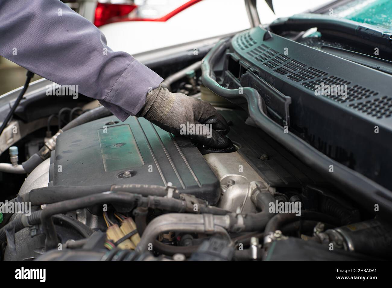 Mechanic man checking engine oil refill car maintenance close up engine Stock Photo Alamy