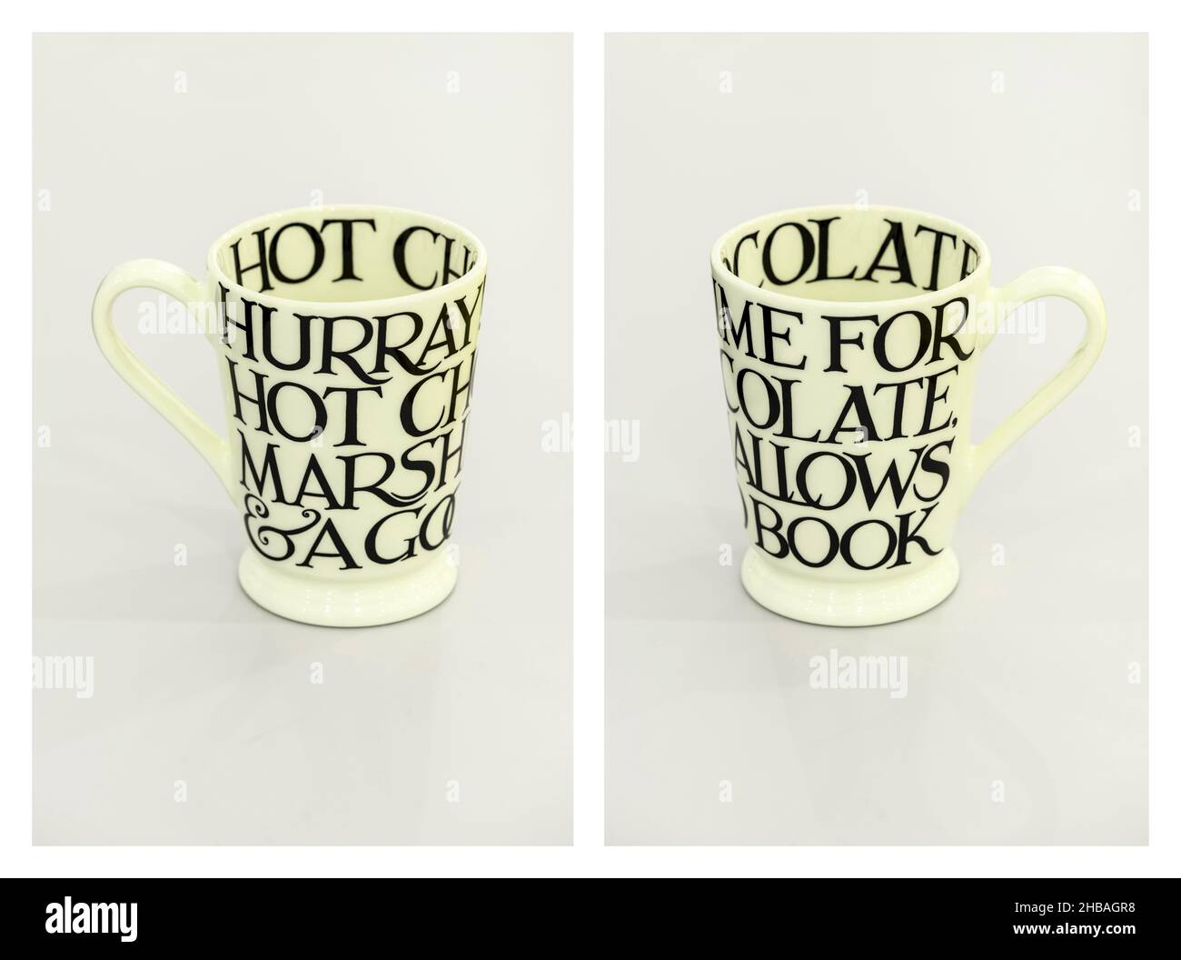 Hurray time for Hot Chocolate, Marshmallows and a good book....written on a mug. Work it out ! Stock Photo
