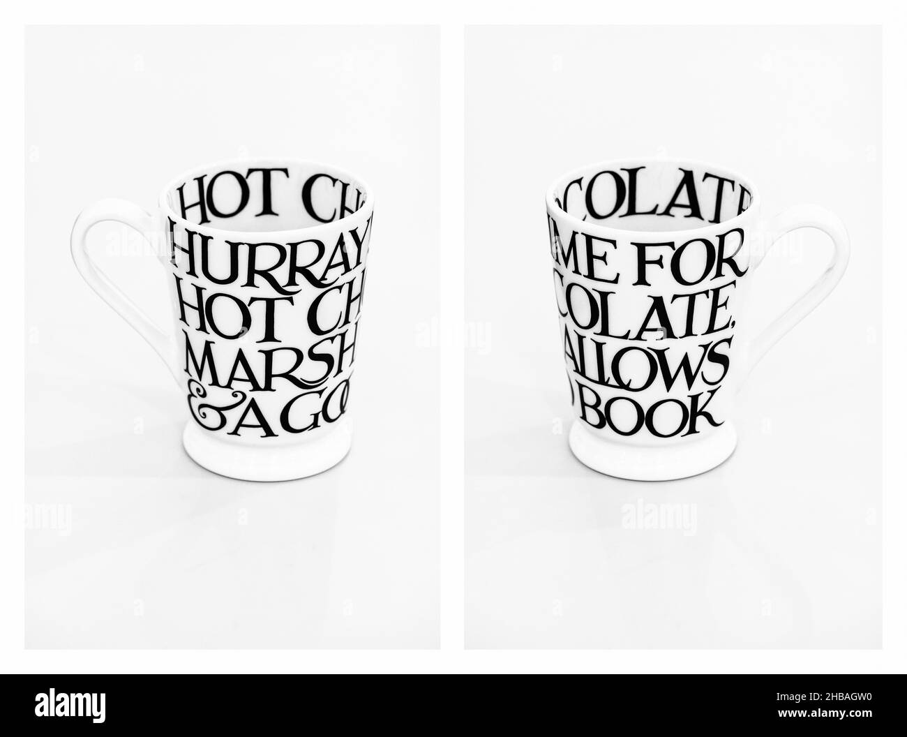 Hurray time for Hot Chocolate, Marshmallows and a good book....written on a mug. Work it out ! Stock Photo