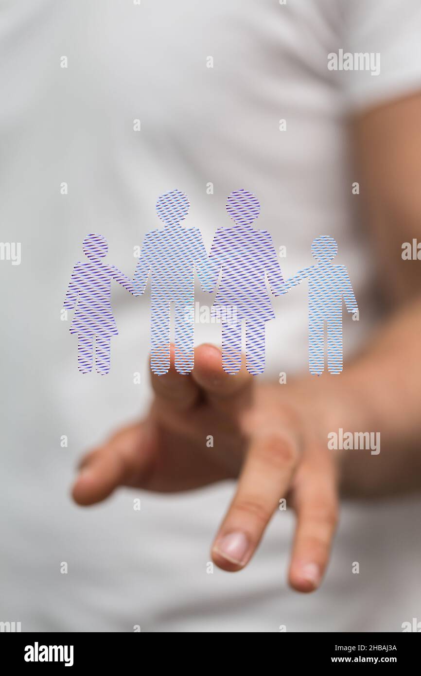 Person's hand touching on 3d rendered family members Stock Photo - Alamy