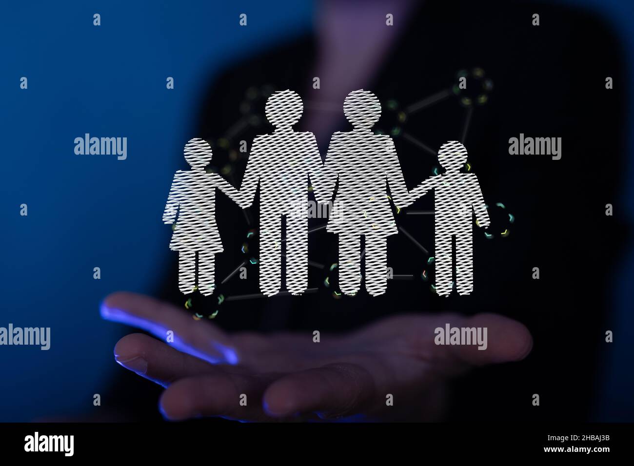 3d rendered family members hovering over a man's hand Stock Photo - Alamy