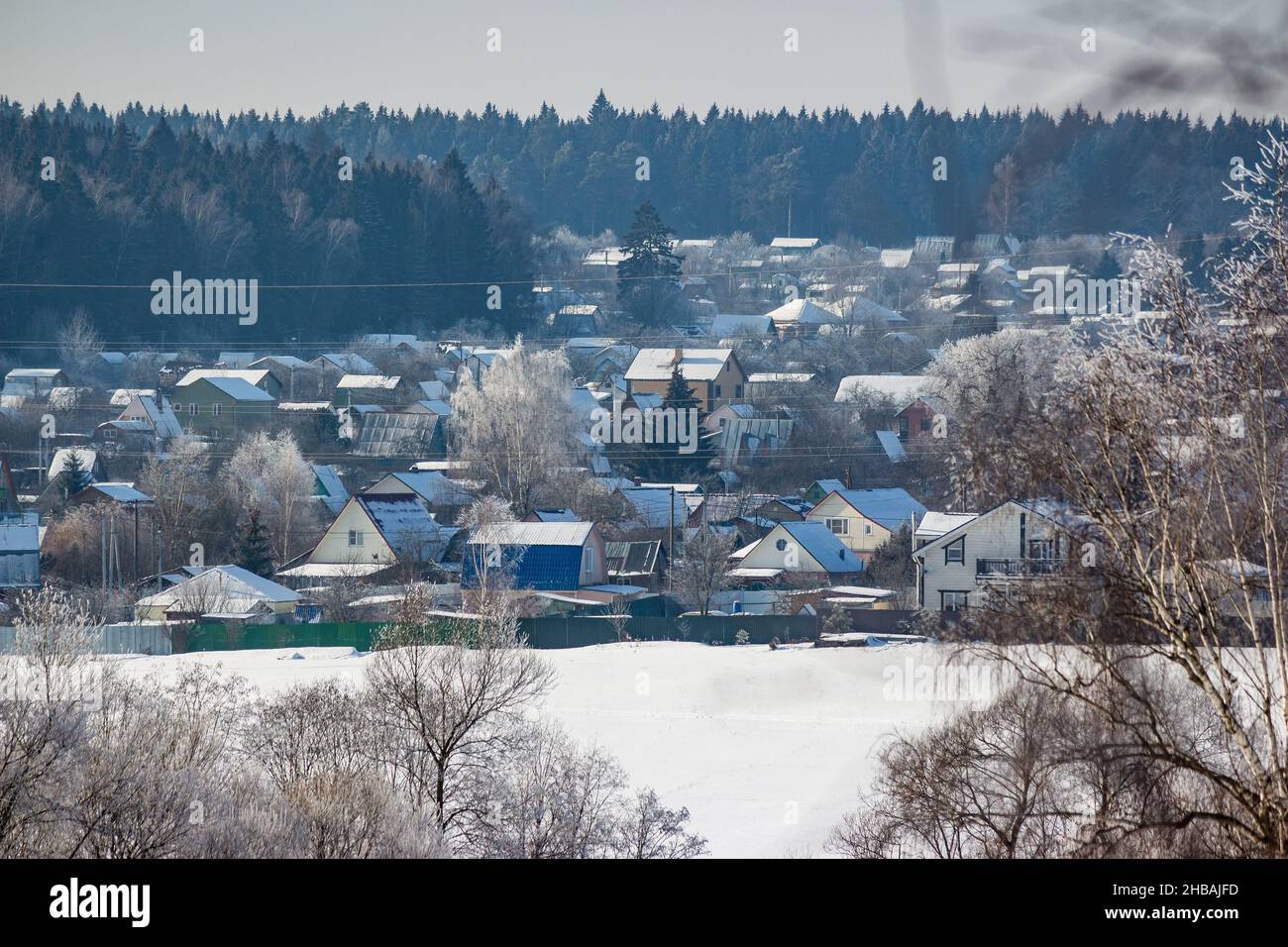 Suburban low-rise buildings and winter landscape, private sector Stock Photo
