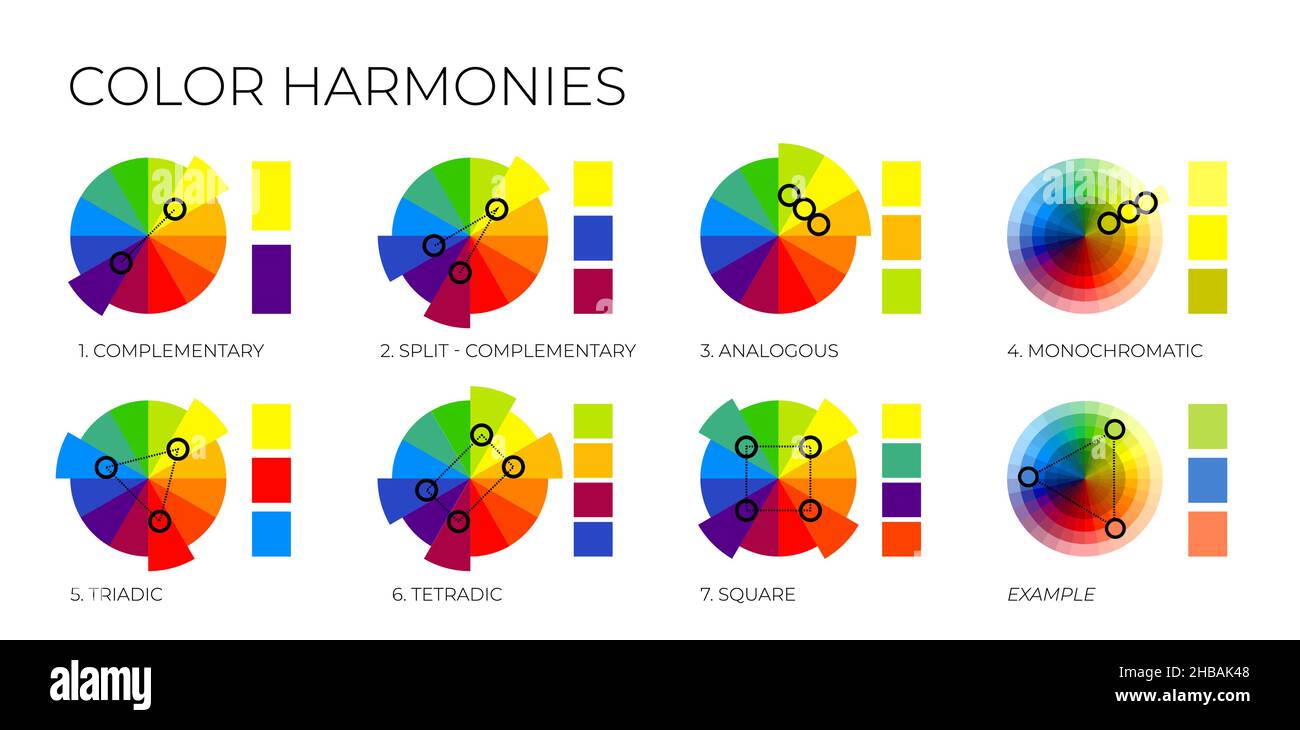 Color Harmonies with Colour Wheels and Swatches Stock Vector