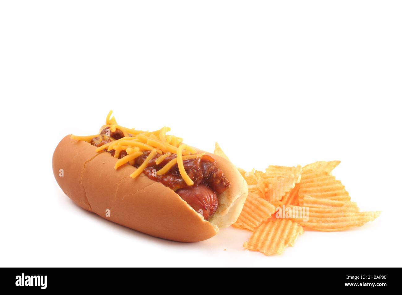 Hot Dog with Chili and Cheese with Chips Stock Photo