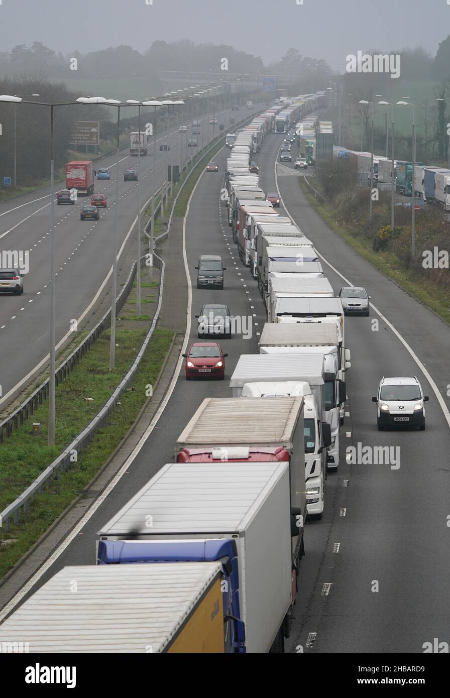 Freight lorries, heading to Dover, queuing on the M20 motorway in Kent at 11A the Channel Tunnel