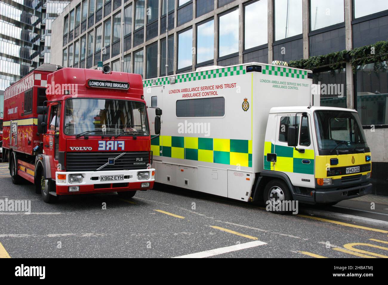 London Fire Brigade and London Ambulance Service Emergency Incident Control Vehicles Stock Photo