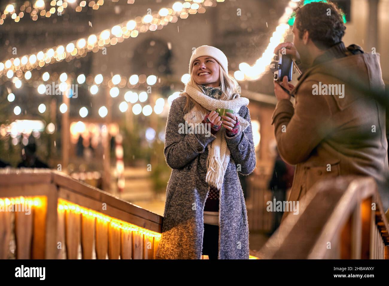 Joyful caucasian couple exploring the city together; Holiday trip concept Stock Photo
