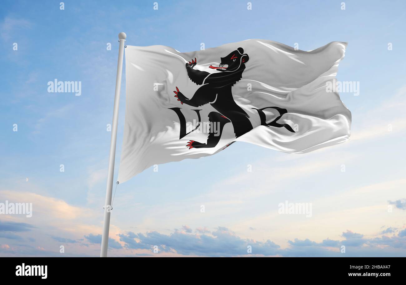 flag of Canton of Appenzell Ausserrhoden , Switzerland at cloudy sky background on sunset, panoramic view. Swiss travel and patriot concept. copy spac Stock Photo