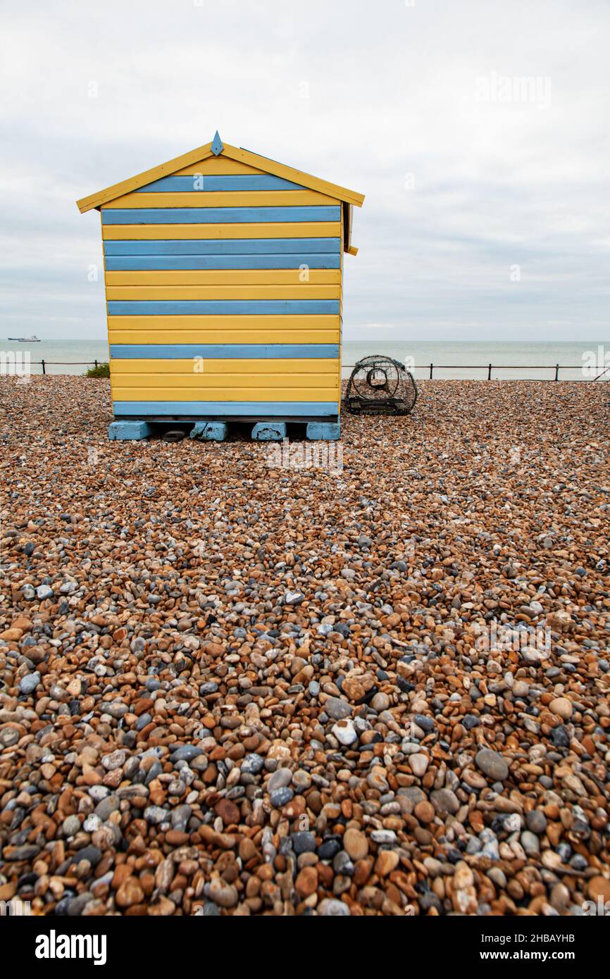 Blue beach hut in the morning at Kingsdown beach, near the famous White ...