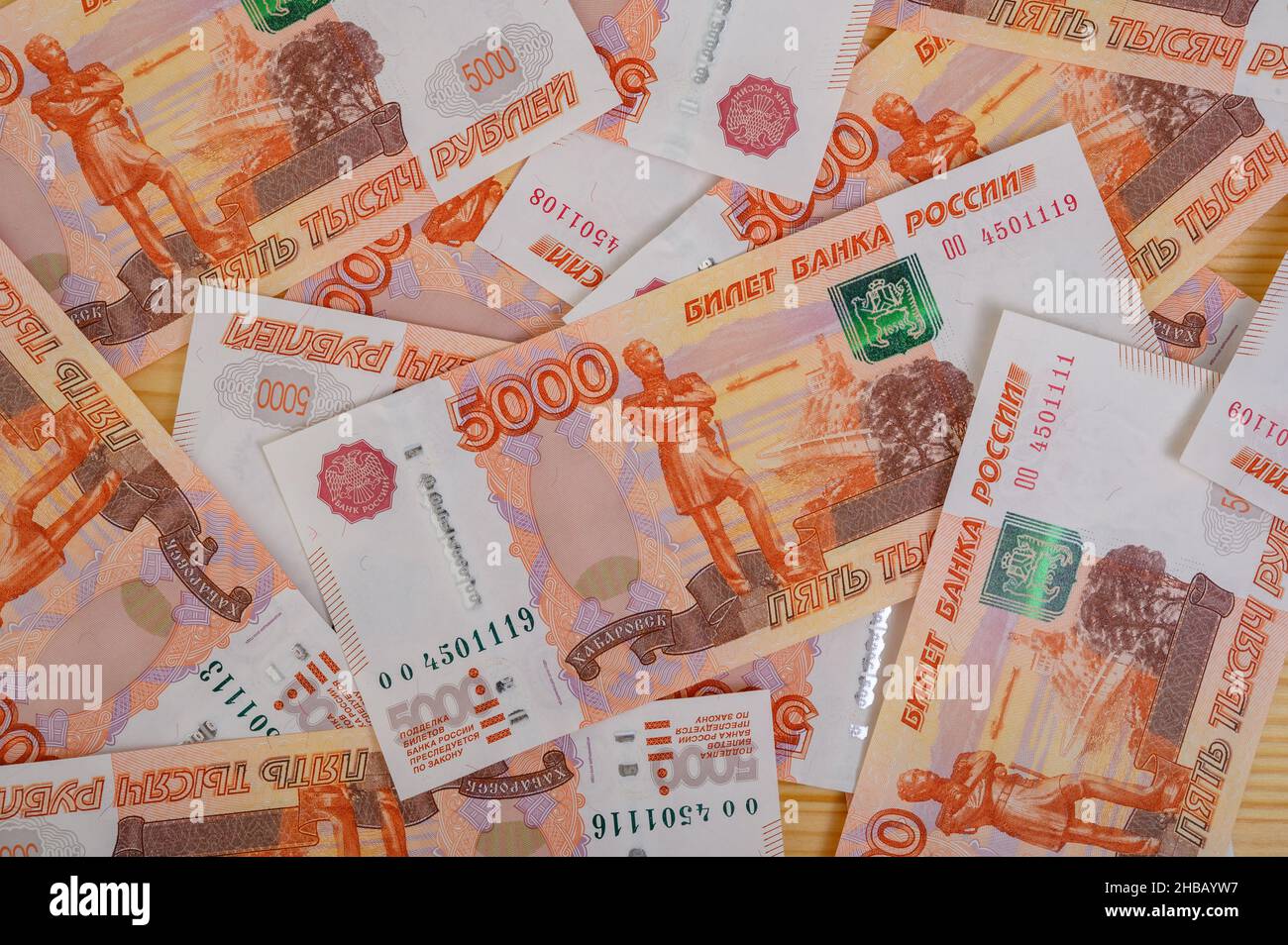 5000 rubles background. Russian banknotes at different angles. Stock Photo