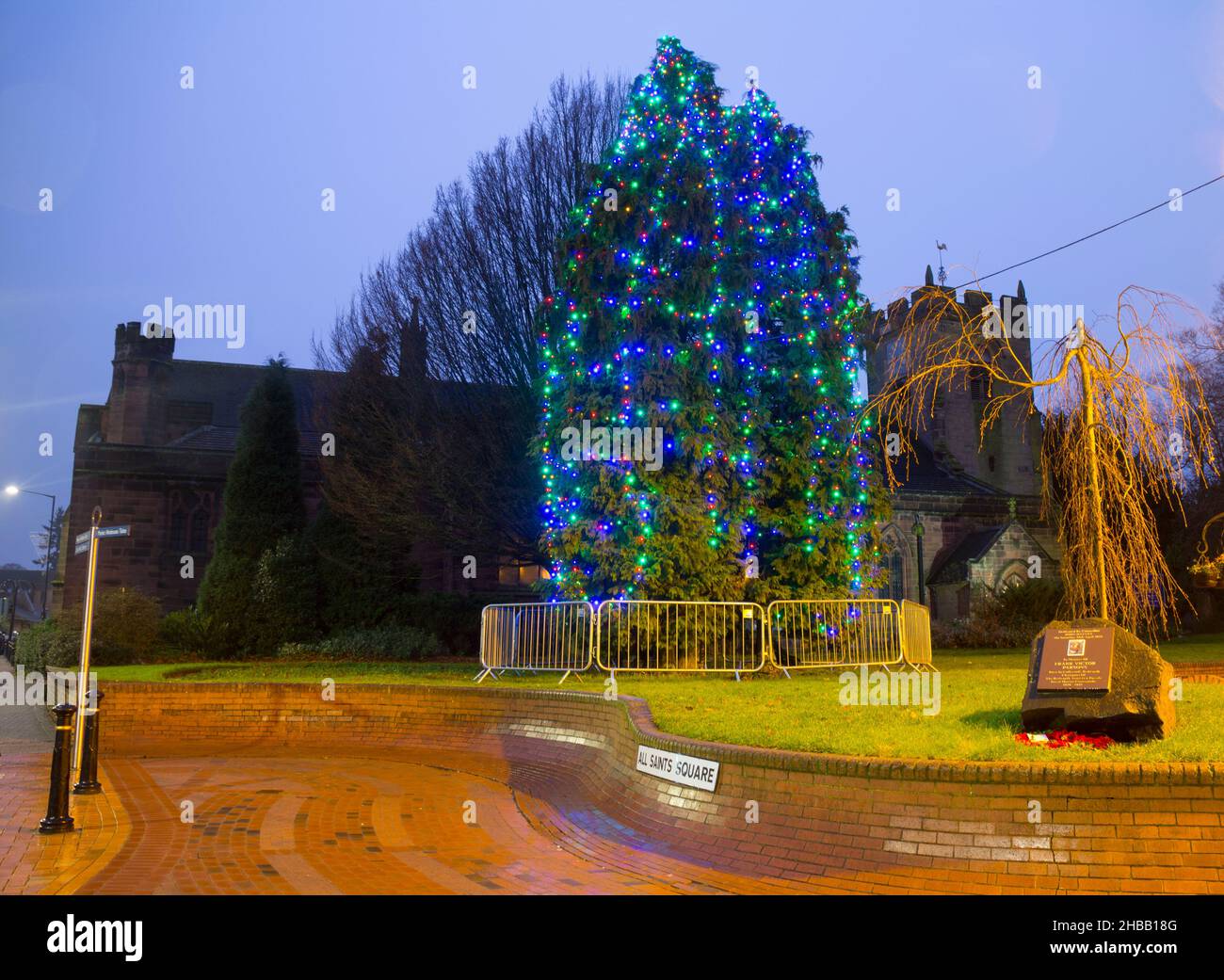 All Saints Church and Christmas tree, Bedworth, Warwickshire, England