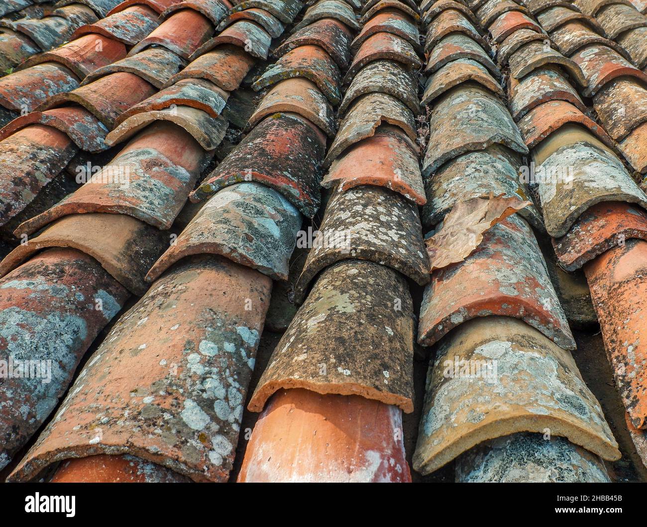 Close-up shot of old grungy dirty weathered rough roof tiles texture Stock Photo