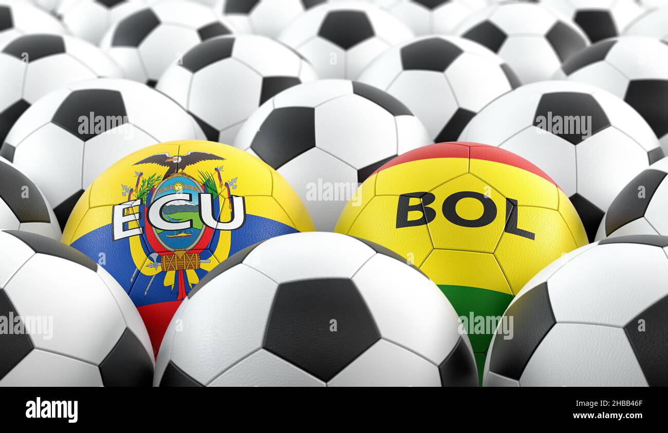 Ecuador vs. Bolivia Soccer Match - Leather balls in Ecuador and Bolivia national colors. 3D Rendering Stock Photo