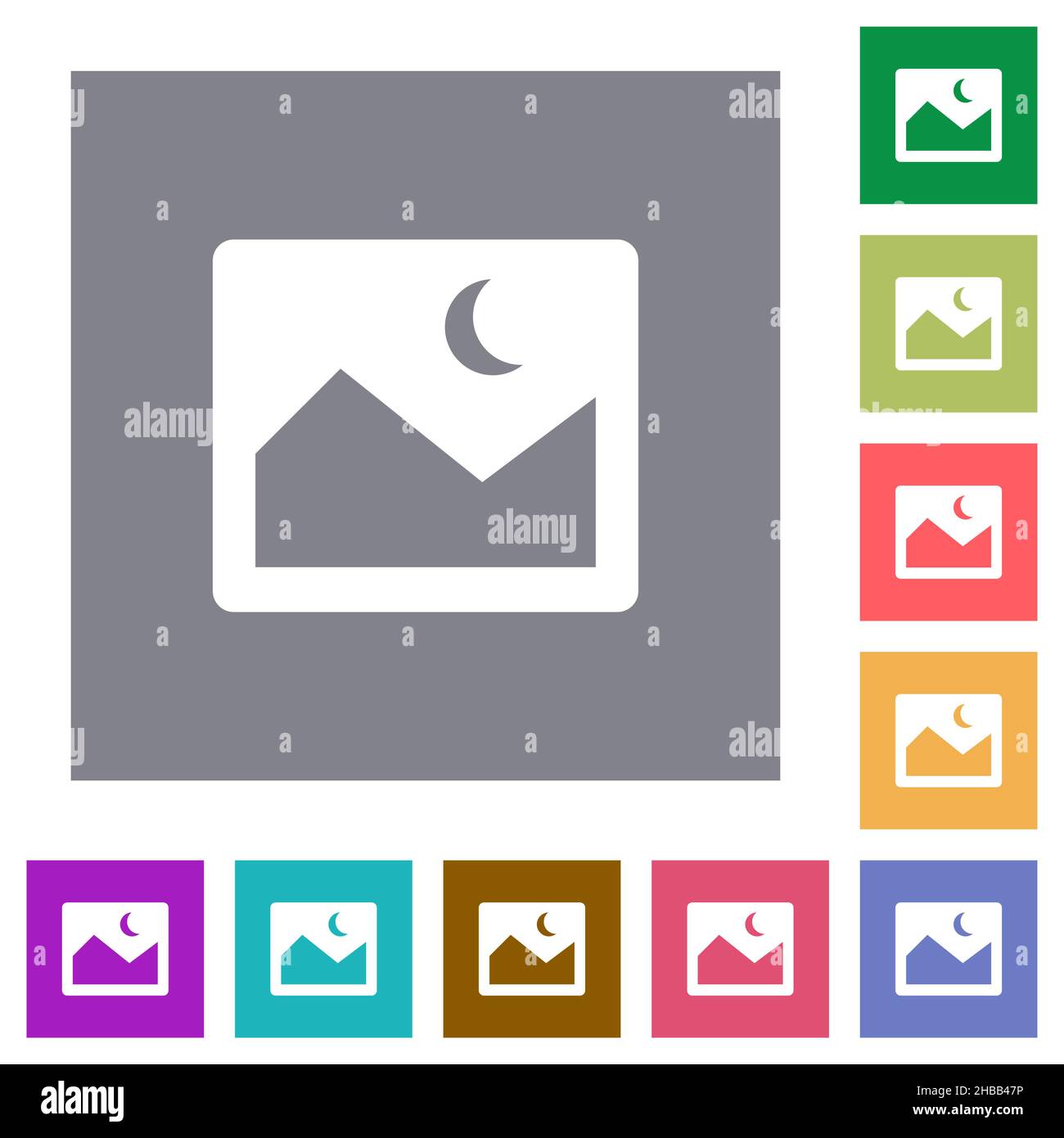 Night landscape flat icons on simple color square backgrounds Stock Vector
