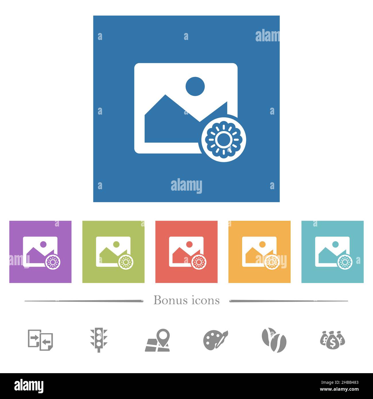Image brightness flat white icons in square backgrounds. 6 bonus icons ...