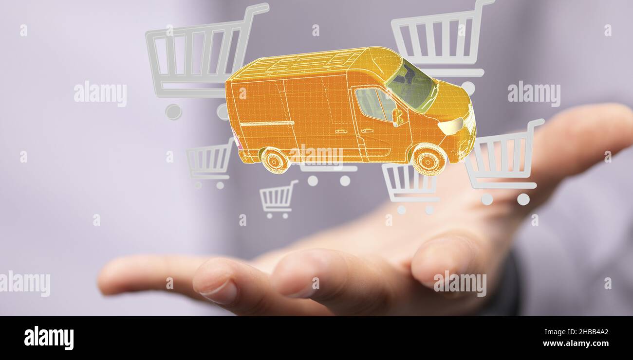 3D rendered abstract shopping cart and a vehicle in a hand Stock Photo ...
