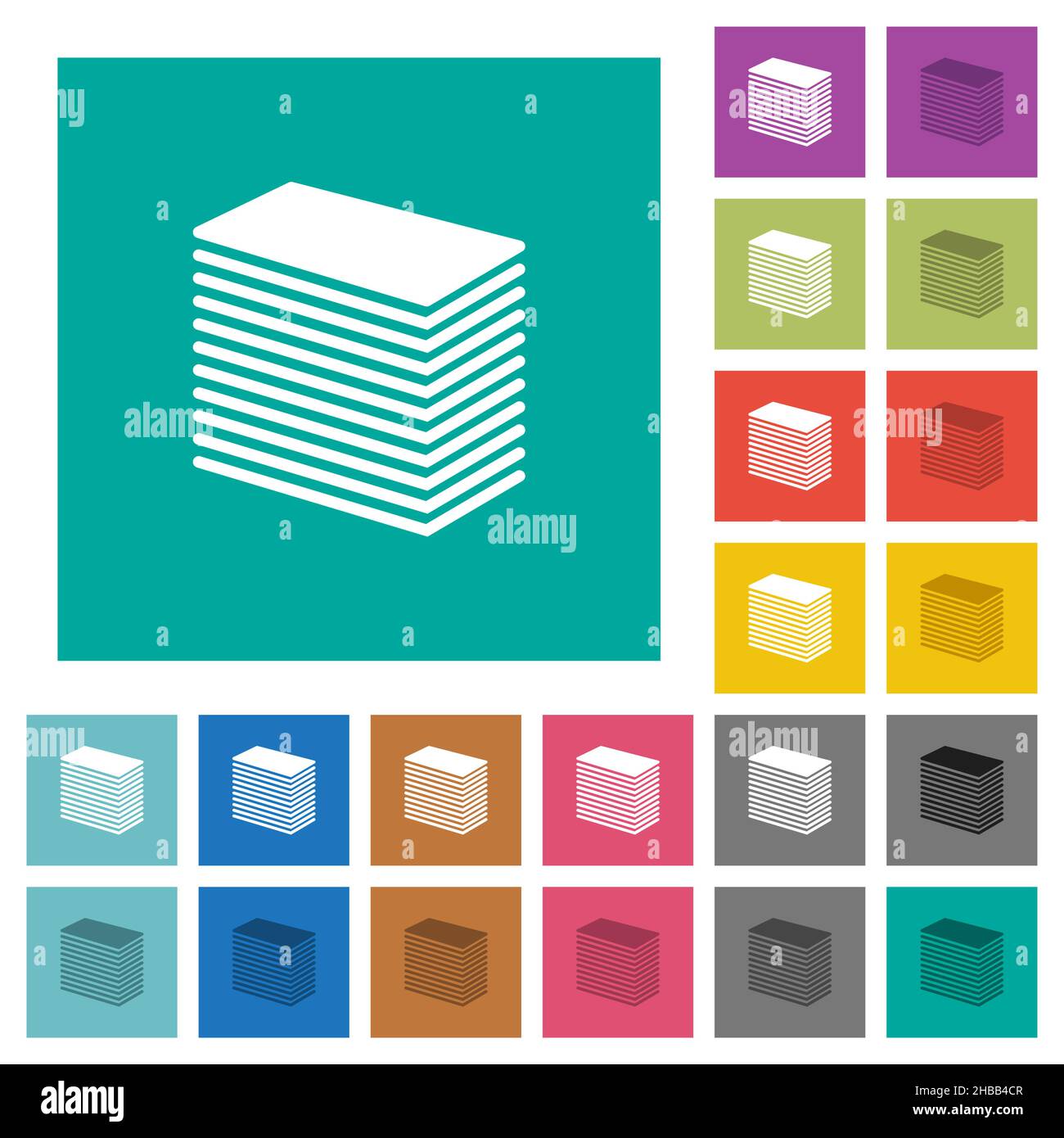 Paper stack solid multi colored flat icons on plain square backgrounds. Included white and darker icon variations for hover or active effects. Stock Vector