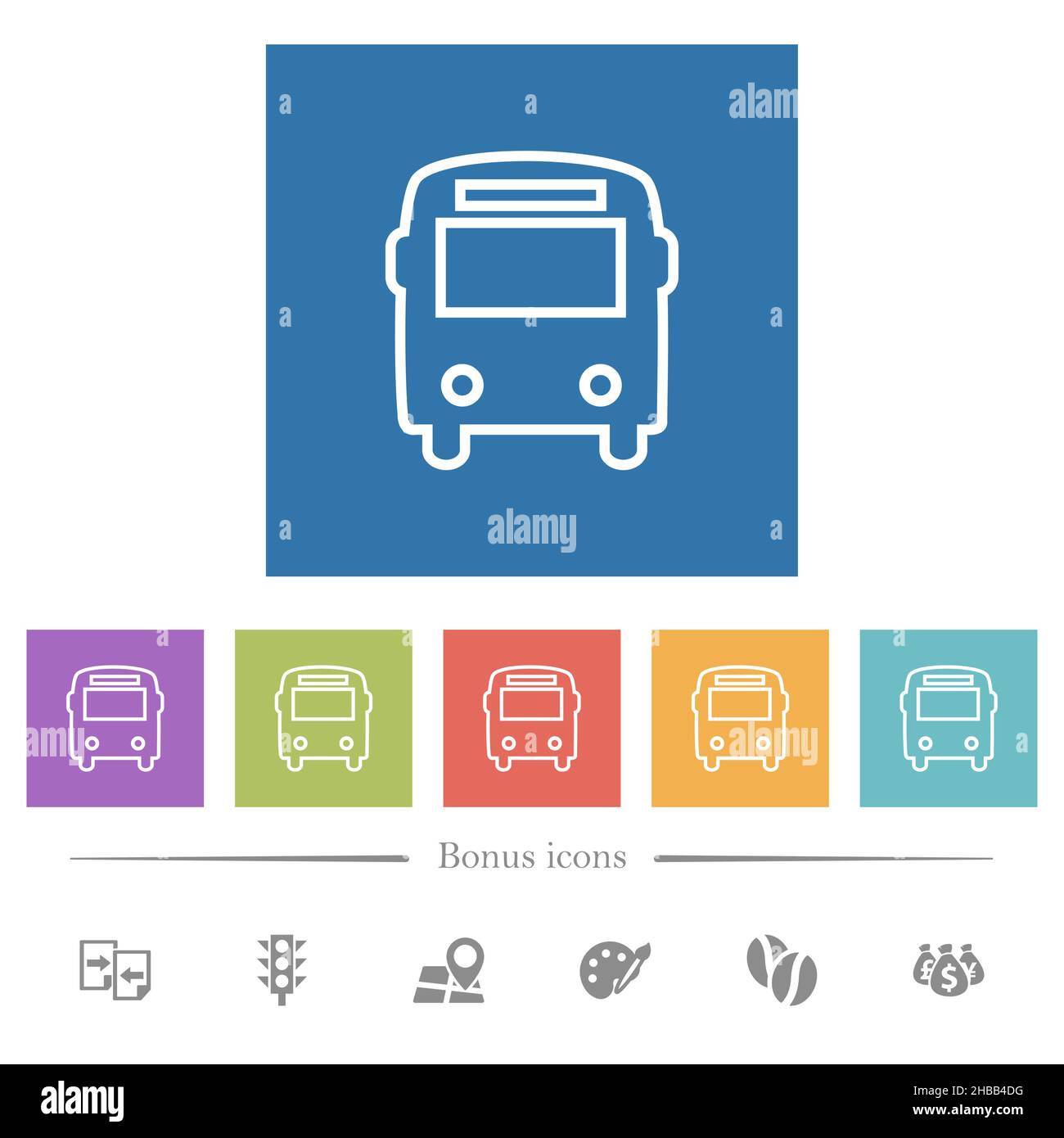 Bus front view outline flat white icons in square backgrounds. 6 bonus ...