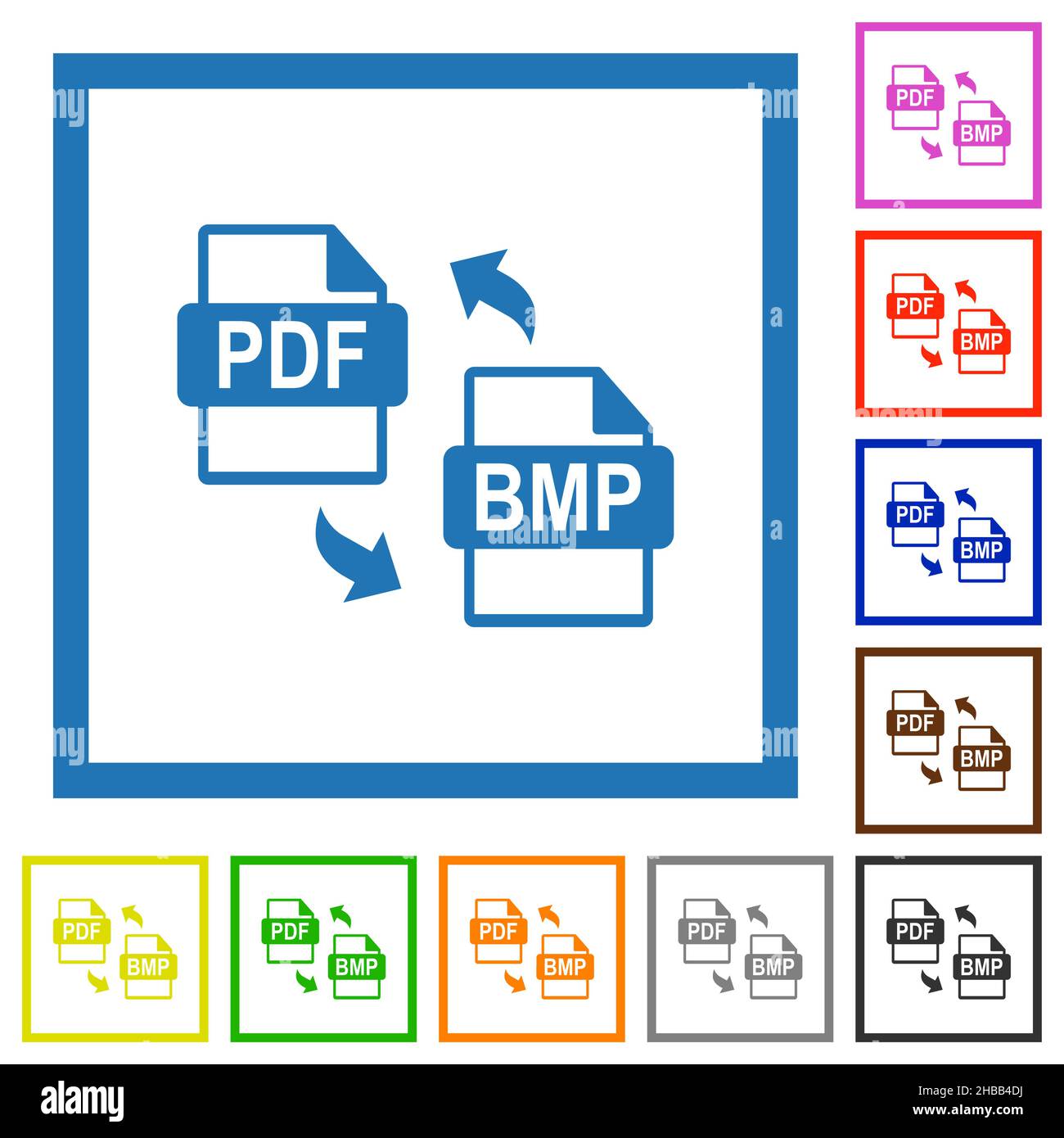PDF BMP file conversion flat color icons in square frames on white