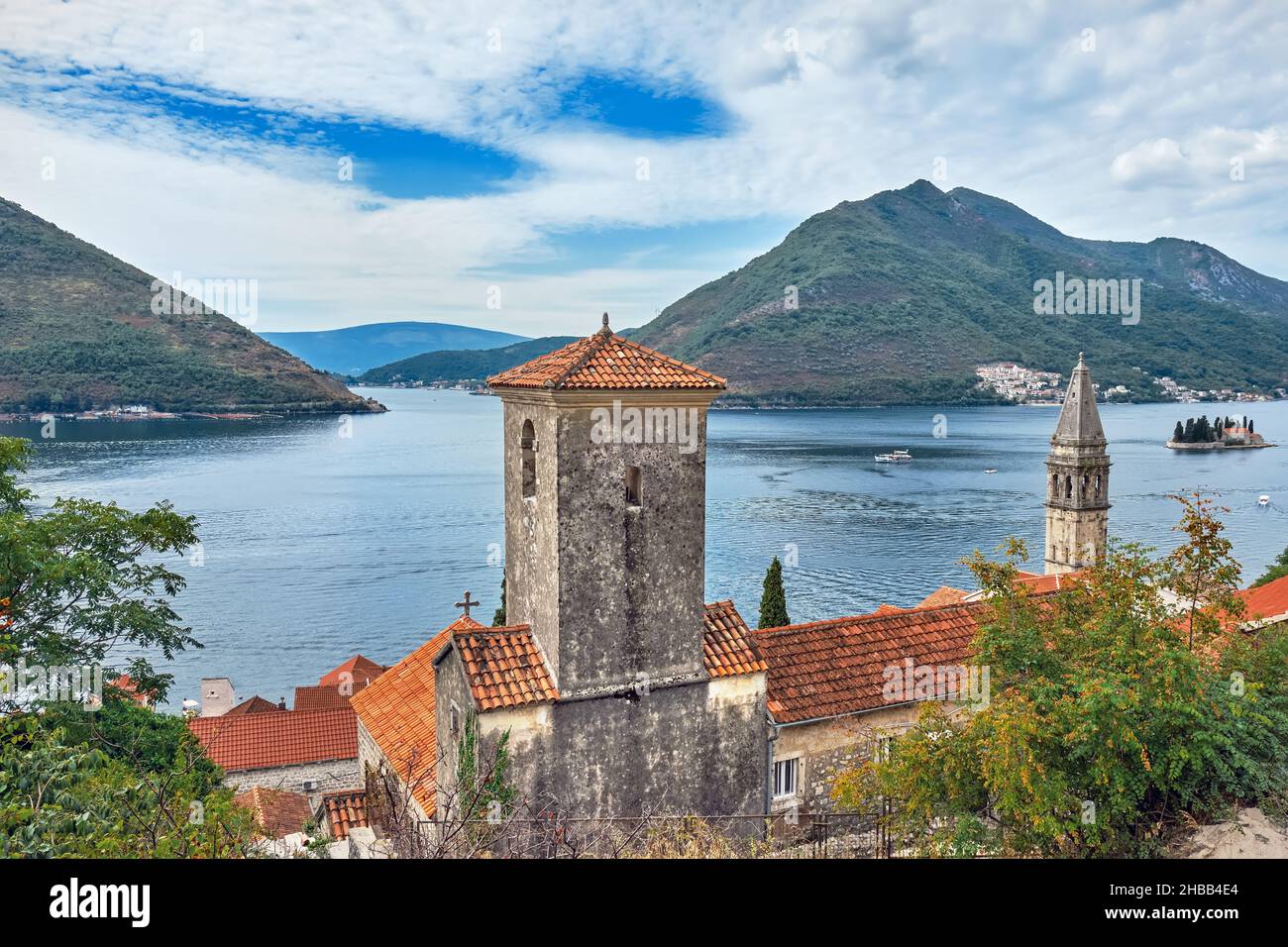 View of Church of St. Matthew is located in Dobrota, small town located on the coast between Kotor and Perast, Boka Kotorska Bay, Montenegro. Stock Photo