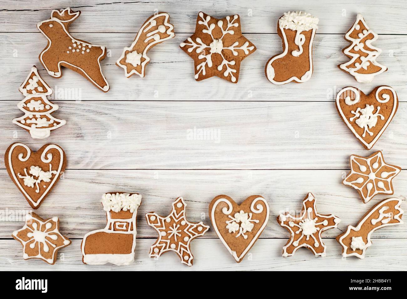 Hand made various Christmas gingerbread cookies, Place for text. Stock Photo