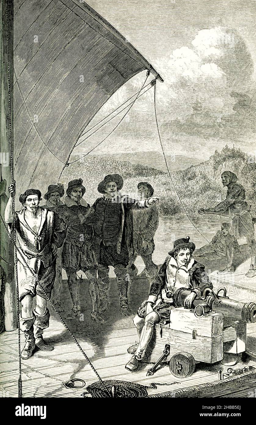 This 1890 illustration highlights the arrival of Dalzell with supplies - during the Siege of Detroit in 1763. On July 29, Captain James Dalzell arrived from Niagara with artillery supplies and 280 men in 22 barges. Their approach to the fort was contested by combined Indian forces, even the Wyandots and Pottawottomis breaking their treaty and joining the assault. Stock Photo