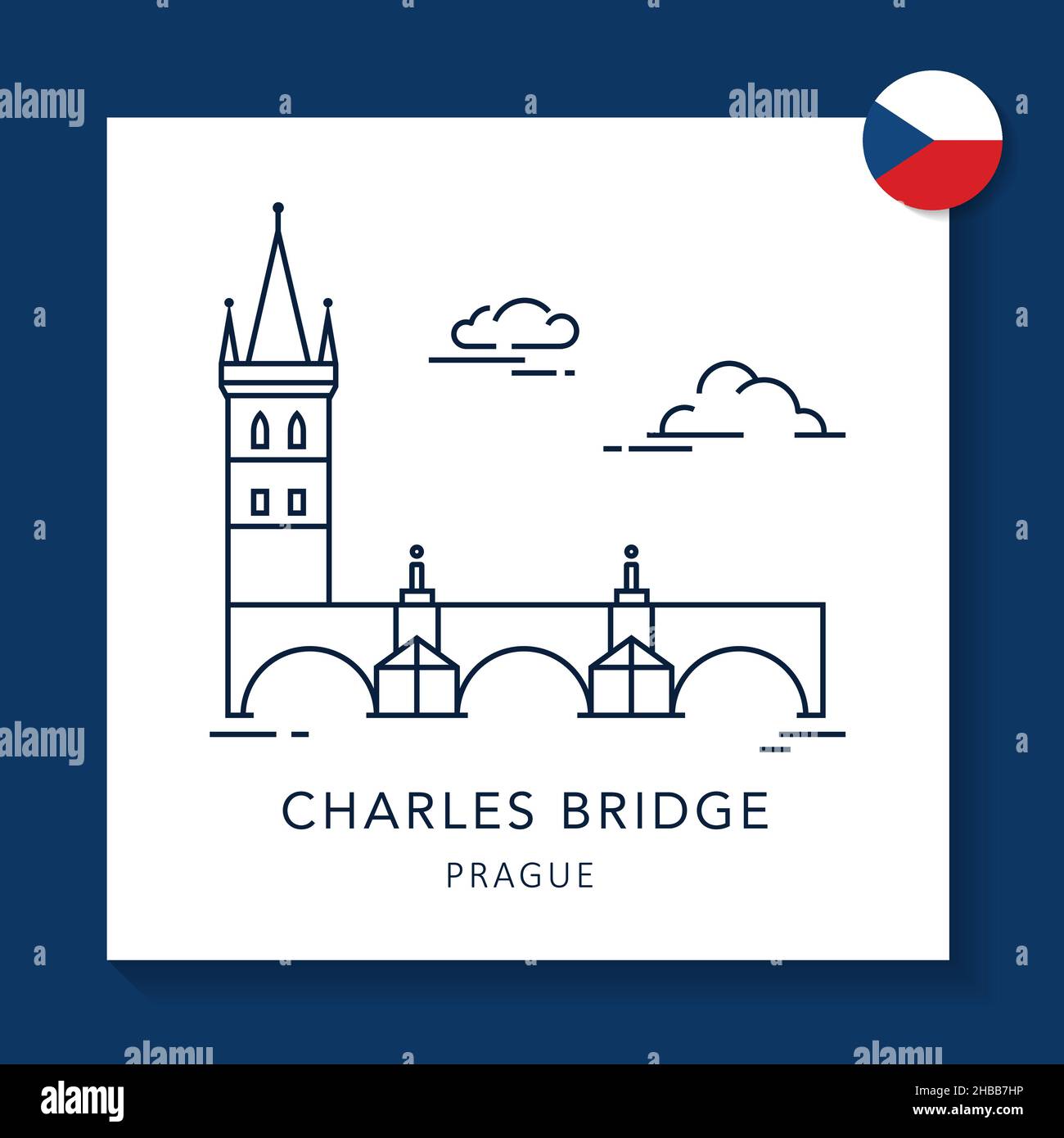 The landmark of Prague is the Charles Bridge in linear style with round Czech flag. Stock Vector