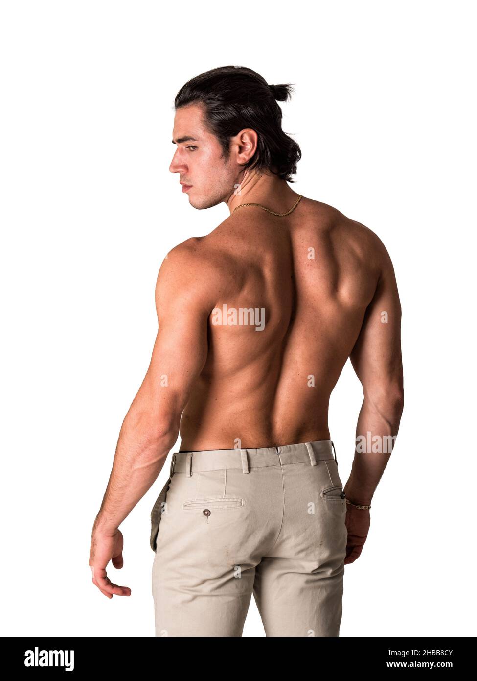 Three quarters shot of handsome shirtless athletic young man Stock Photo